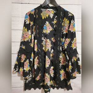 Jodifl Women Sz Large Crochet Lace Trim Bell Sleeve Floral Jacket Kimono Black